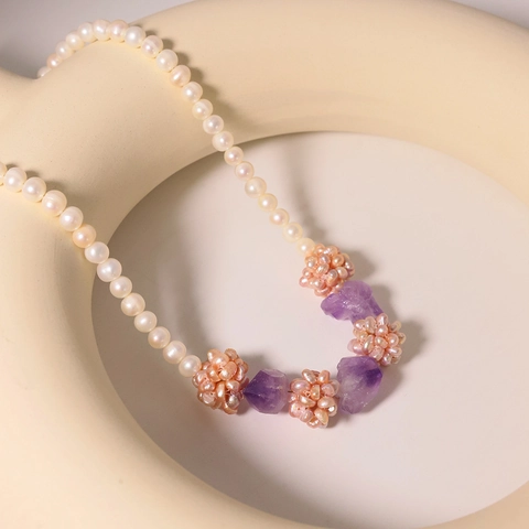Collana Di Süßwasserperle D'acqua Dolce E Pietra Grezza Di Ametista Con Sfera Di Fiori Intrecciata Fatta A Mano Placcata Oro 18K Gioielli