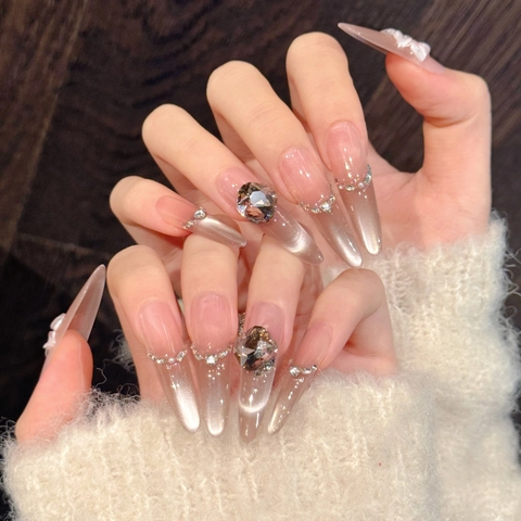Uñas Postizas A Presión Hechas A Mano Con Flor 3D Efecto Ojo De Gato Degradado Rosa Diamantes De Imitación Perlas Artificiales Elegante