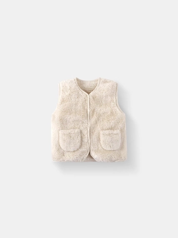 Gilet En Polaire Pour Bébé Enfant Doux Chaud Peluche Avec Poches Col V Boutonné Couleur Unie Vêtement Extérieur