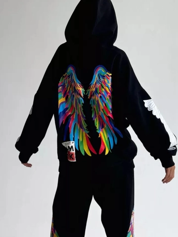 Women Oversized Hoodie Cotton Blend Long Sleeve Streetwear Sweatshirt With Colorful Wings Print Back Pattern