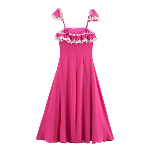 Spaghettiträger Maxi Kleid Chiffon Spitze Patchwork Rüschen Pailletten Hohe Taille Elegant Schlank Damen
