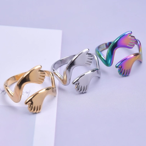 Hugging Hands Offener Ring Edelstahl Verstellbar Retro Schmuck Für Damen Herren Pärchen