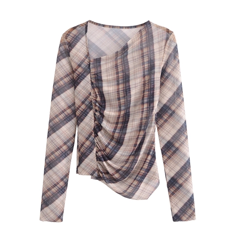 Women Plaid Polyester Mesh Long Sleeve Ruched Top And High Waist Asymmetrical Skirt Streetwear Casual Style
