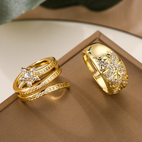 Unregelmäßiger Geometrischer Kupfer Offener Ring Vergoldet Strass Böses Auge Stern Blume Verstellbarer Fingerring Für Damen Vintage Schmuck