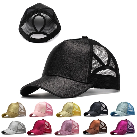 Dames Glitter Paardenstaart Honkbalpet Pailletten Mesh Ademend Zonnehoed Verstelbaar Zomer Glanzend