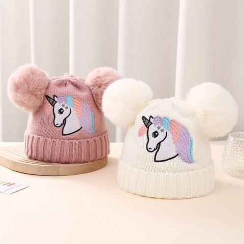 Kids Beanie Hat Double Pompom Winter Warm Acrylic Knit Unicorn Embroidery Toddler Girls Windproof Cap Soft Elastic
