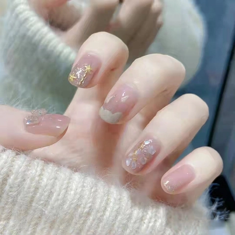 Roze Gradiënt Franse Press On Nagels Met 3D Strik Strass Goudfolie Glitter Elegante Kunstnagels Voor Vrouwen