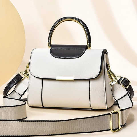 Women Handbag Litchi Grain PU Leather Crossbody Bag With Round Metal Handle Wide Woven Strap Contrast Color Fashion Chic