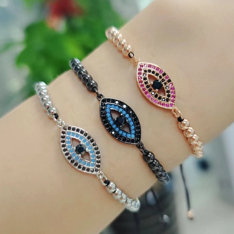 Bracciale Di Perline Malocchio Rame Zirconia Micro Pavé Cordino Intrecciato Regolabile Gioielli Stile Etnico