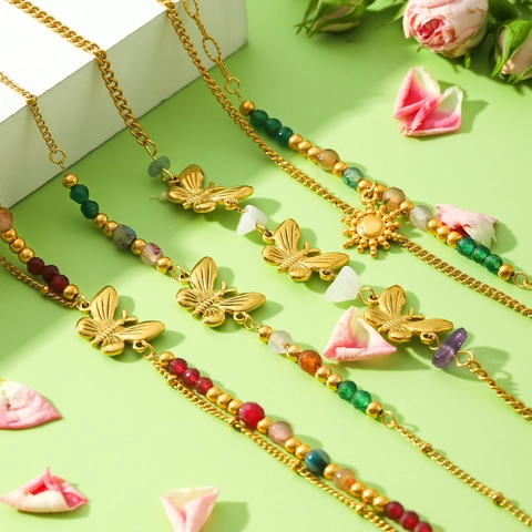 Edelstahl Schmetterling Sonne Anhänger Armband Für Damen Boho Perlen Naturstein Goldene Kette Schmuck Mode Hand Accessoire