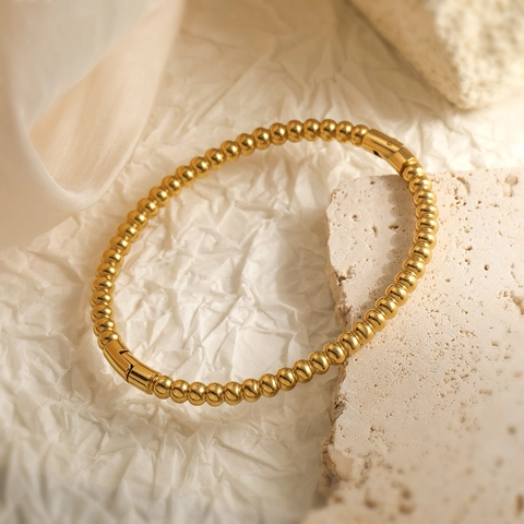 Minimalist Beaded Bangle 18K Gold Plated Titanium Steel High Polish Smooth Round Ball Cuff For Women