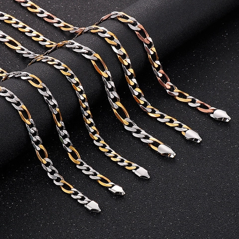 Men Stainless Steel Figaro Chain Necklace Polished NK Link Curb Cuban Hip Hop Streetwear Jewelry Accessory