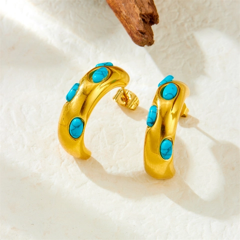 Boucles D'oreilles En Forme De C Bohème Vintage Acier Inoxydable Avec Incrustation De Turquoise Plqué Or Pour Femmes