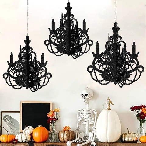 Halloween Chandelier Hanging Decoration Black Glitter Paper Spider Web Skull Party Decor Haunted House Indoor Gothic