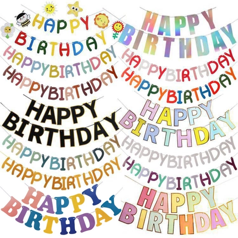 Happy Birthday Banner Macaron Paper Garland With Gold Stamping For Party Background Wall Decoration Hanging Streamer Decoration