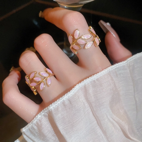 Leaf Vine Adjustable Open Ring Alloy Colorful Enamel Glitter Fashion Finger Jewelry For Women