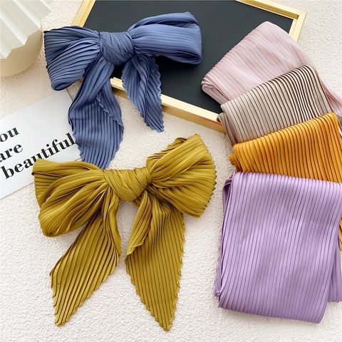 Pleated Crinkled Small Square Scarf Solid Color Polyester Fashion Professional Neck Tie Hair Accessory For Women