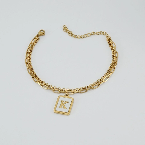 Initial Letter Pendant Bracelet Double Layer Stainless Steel 18K Gold Plated Paperclip Chain Shell Inlay Jewelry For Women
