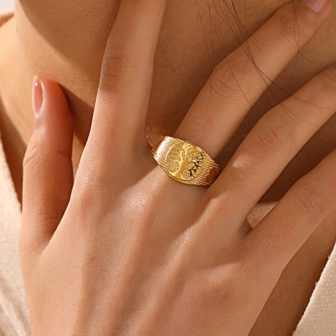 Anillo Sello Árbol De La Vida Chapado En Oro 18K Acero Inoxidable Ajustable Diseño Relieve Joyería Vintage Para Mujeres