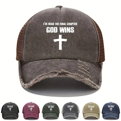 Cappello Da Baseball Trucker In Cotone Lavato Invecchiato Con Rete Posteriore Croce Religiosa Stampa God Wins