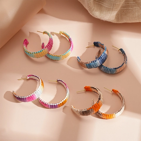 Bohemian Colored Braided Rope C Hoop Earrings With Silver Earring Post Hand Woven Ethnic Summer Vacation Jewelry For Women