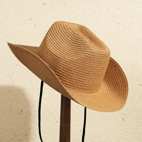 Western Straw Cowboy Hat Wide Brim Hand Woven Sun Protection Breathable Outdoor Summer Beach Travel Fashion Adjustable