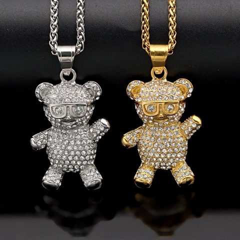 Hip Hop Teddy Bear Pendant Necklace 316 Stainless Steel Iced Out Rhinestone Wearing Glasses Gold Plated Jewelry Charm