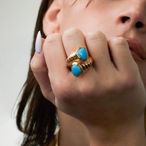 Anello Vintage Blu Turchese In Acciaio Al Titanio Anello Da Donna Gioiello Da Mano Popolare