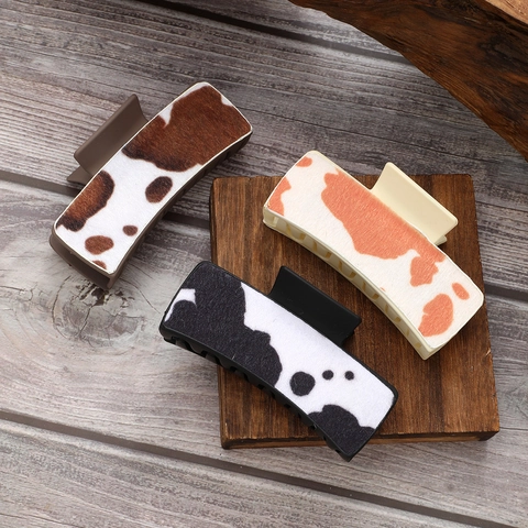 Large Hair Claw Clip Cow Print Faux Fur Flocked Rectangle Fashion Shark Hairclip For Women Hair Accessories