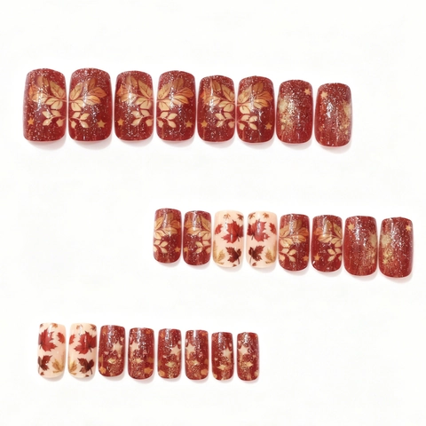 Autumn Maple Leaf Press On Nails Glitter Star Pattern Square Shape Plastic Artificial Finger Art For Women