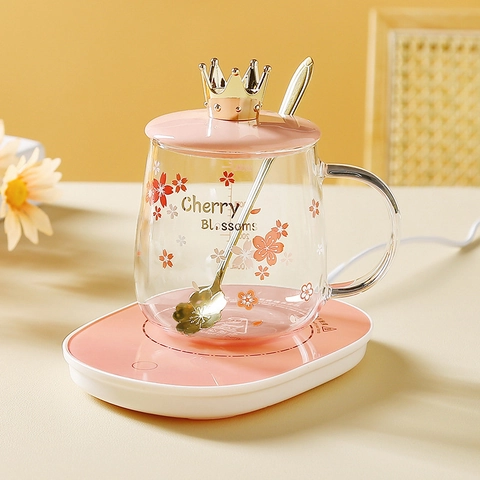 Ποτήρι Borosilicate Sakura Με Καπάκι Κορώνα Και Κουτάλι Ανθεκτικό Στη Θερμότητα Σκεύος Γραφείου Σπίτι Δώρο