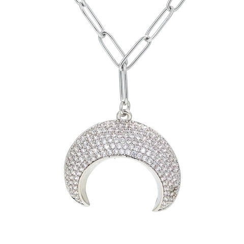 Collana con Ciondolo a Mezzaluna in Rame Zirconia Intarsiata Catena a Graffetta Galvanica Oro Argento Collana di Moda Gioielli da Donna