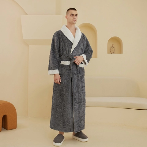 Herren Langer Dicke Flanell Bademantel Jacquard Vlies Morgenmantel Warm Schalkragen Loungewear Mit Bindegürtel Kontrastbesatz