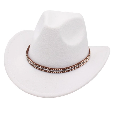 Western Cowboy Hat Wide Brim Fedora Wool Felt Retro Jazz Cap Rhinestone Studded Leather Band Outdoor Sun Protection Vintage
