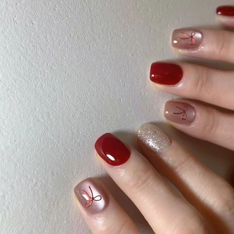 Red Bow Cat Eye Press On Nails Glossy Glitter Short Square Abs Plastic Resin Artificial Fake Nails For Women Sweet Elegant