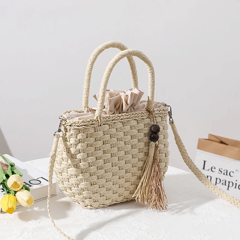 Bolso De Hombro Tejido De Paja Para Mujer Borla Cuentas De Madera Cordón Verano Playa Vacaciones Bolso De Mano