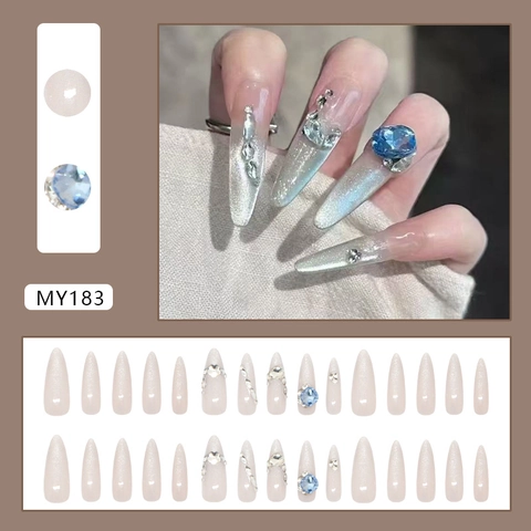 Uñas Postizas Largas Stiletto Strass Azul Ojo De Gato Perla Artificial Brillo Estilo Dulce Para Mujeres