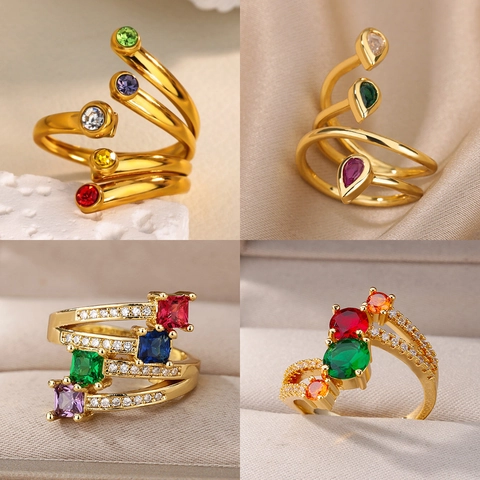 Anello In Zircone Colorato Rame Placcato Oro Farfalla Fiore Spirale Regolabile Gioielli Di Moda Per Donna