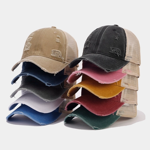 Cappello Trucker Vintage Distressed Rete Cotone Strappato Cappellino Da Baseball Traspirante Streetwear Regolabile Uomo Donna