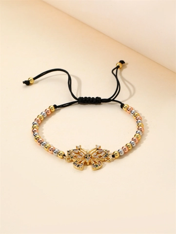 Butterfly Charm Adjustable Woven Bracelet For Women With Copper Tri-Color Beads And Micro-Inset Colored Zircon