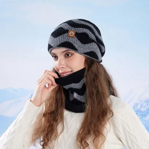 Berretto In Maglia E Scaldacollo Da Donna Inverno Foderato In Pile Motivo Ondulato Berretto Caldo