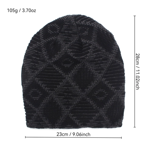 Men Beanie Knit Hat Fleece Lined Winter Warm Windproof Geometric Plaid Pattern Outdoor Thermal Skull Cap