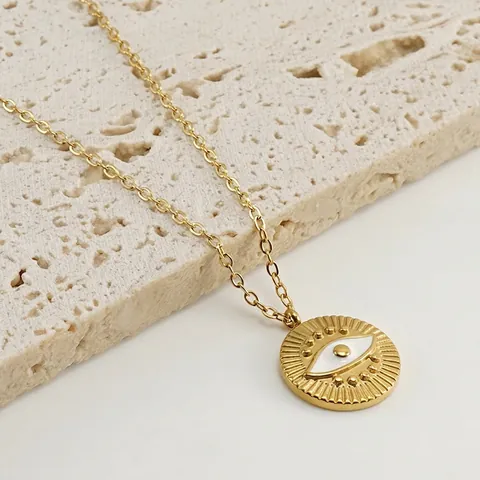 Collier Pendentif Œil Protecteur Acier Inoxydable Émail Plaqué Or 18K Rond Minimaliste Rayon De Soleil Bijoux Femme