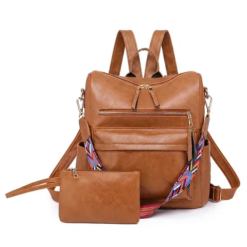 Dames PU Leren Rugzak En Tas Kleurrijke Gestreepte Geweven Riem Mode Retro Multi Pocket Anti Diefstal Reisrugzak