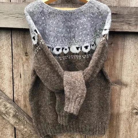 Suéter De Punto Con Cuello Redondo Para Mujer Manga Larga Patrón Geométrico Fair Isle Color Block Retro Casual