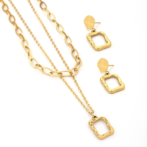 Geometric Stainless Steel Jewelry For Women Double Layer Necklace And Square Stud Earrings Gold Plated Crystal Accessory