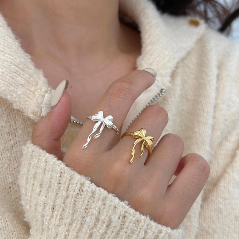 925 Sterling Silver Bowknot Ring Adjustable Open Band Minimalist Ribbon Jewelry For Women