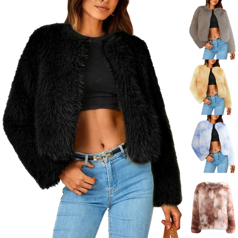 Women Faux Fur Coat Short Round Neck Long Sleeve Thick Warm Winter Outerwear Casual Elegant Jacket
