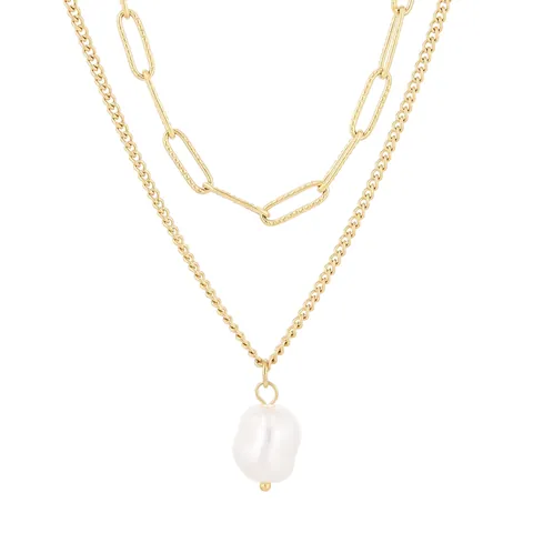Collar De Doble Capa De Acero Inoxidable Con Colgante De Perla Artificial De Concha Barroca Cadena De Clip Joyería De Moda Para Mujer