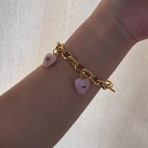 Hart Hanger Ketting Armband Goud Verguld Koper Murano Glas Knevelsluiting Dikke Ketting Vintage Esthetiek Voor Vrouwen